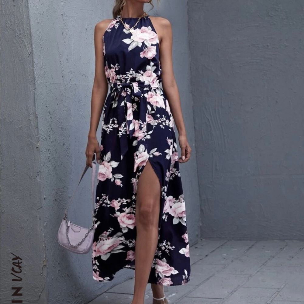 Split Thigh Belted Floral Halter Dress, size S